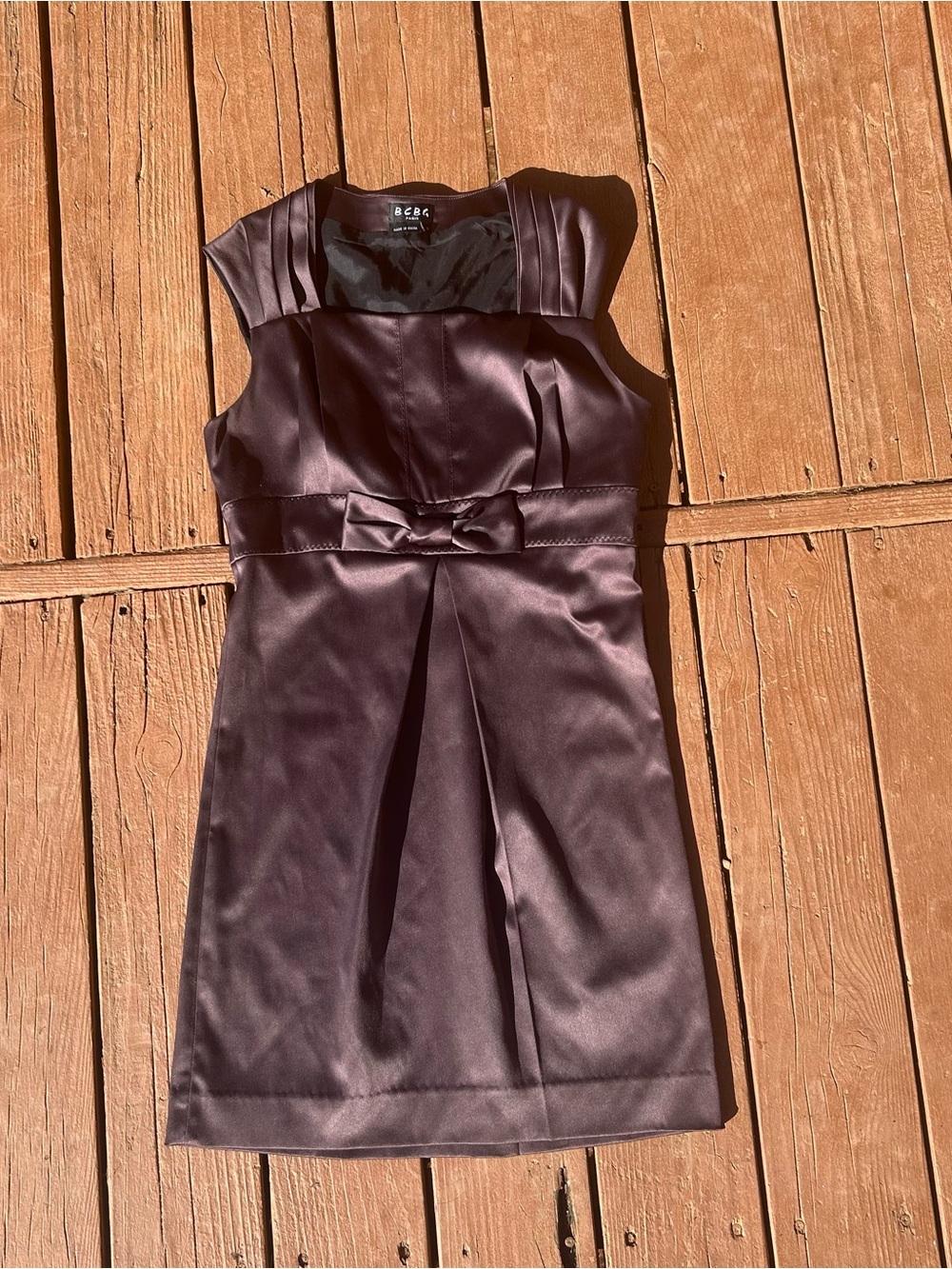 BCBG 90s Y2K Brown Satin Dress with bow and decorative stitching semi formal